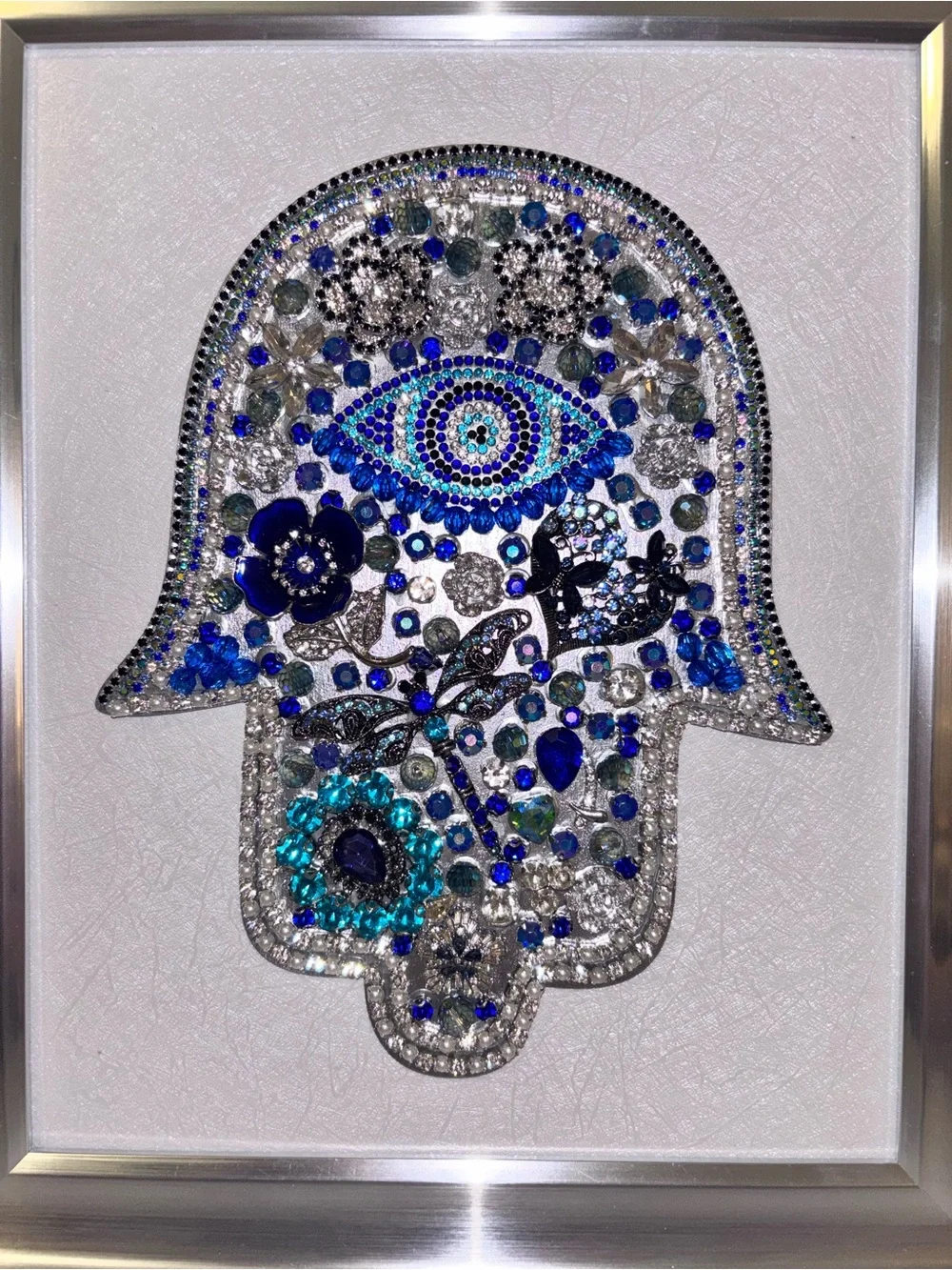 OOAK Framed Vintage Jewelry Hamsa Hand Evil Eye Art 8x10 Protection Boho Decor